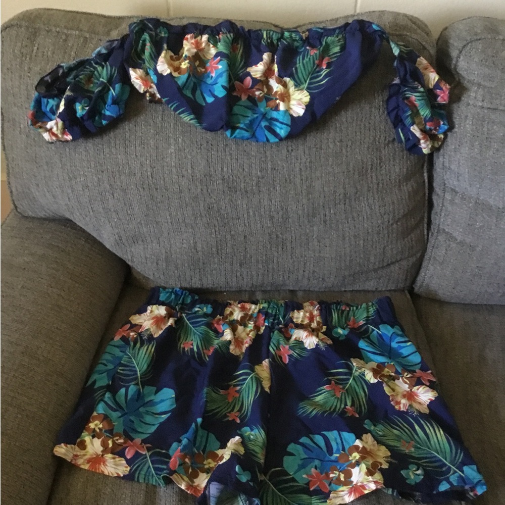 Tropical Floral Off-Shoulder Top and Shorts Set